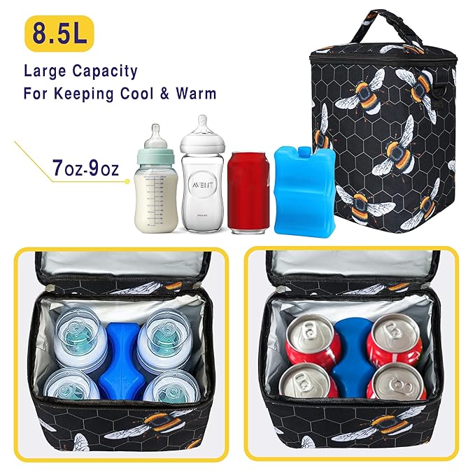 Breastmilk Cooler Bag with Ice Pack Fits 4 Baby Bottles Up to 9 Ounce Insulated Baby Bottle Bag Breast Milk Cooler on The Go with Strap Baby Bottle Cooler Bag for Nursing Mom Daycare or Travel