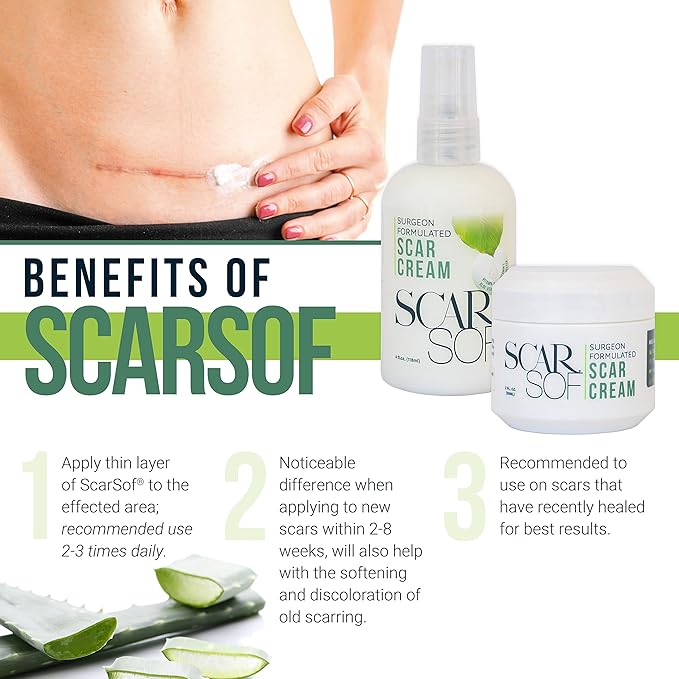ScarSof Scar Cream - Advanced Scar Cream Made with 100% Organic Aloe Vera and All Natural Emu Oil - Helps Scar Appearance and Overall Skin Health - 2 oz