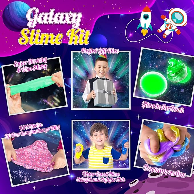 Slime Kit,Toys for 6 7 8 9 10 11 12 Year Old Girls Boys Galaxy Slime Making Kit Making Butter Slime Dark Powder to Make Glitter Galactic Slimes Stress Relief Toys Fun Birthday Gifts