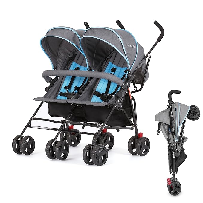 Dream On Me Volgo Twin Umbrella Stroller in Blue, Lightweight Double Stroller for Infant & Toddler, Compact Easy Fold, Large Storage Basket, Large and Adjustable Canopy