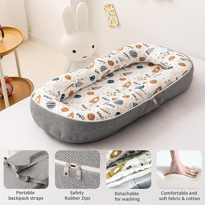 Baby Lounger, Foldable Infant Nest with Soft Memory Foam Mat, Cover with Adorable Pattern, Converts to Backpack for Easy Travel, 0-12 Months, Rocket