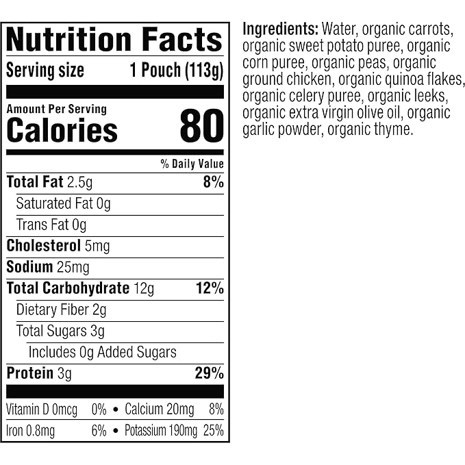 Plum Organics Stage 3 Organic Baby Food - Carrot, Sweet Potato, Corn, Pea, and Chicken - 4 oz Pouch (Pack of 12) - Organic Baby Food Pouch