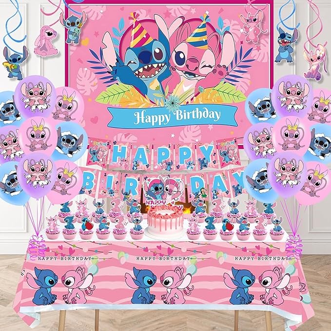 Stitch Party Supplies, 49PCS Birthday Decorations Set Include Banner, Balloons, backdrop,Stickers, Hanging Swirls, Cake Cupcake Toppers, Tablecloth for Boys Girls Stitch Theme Party