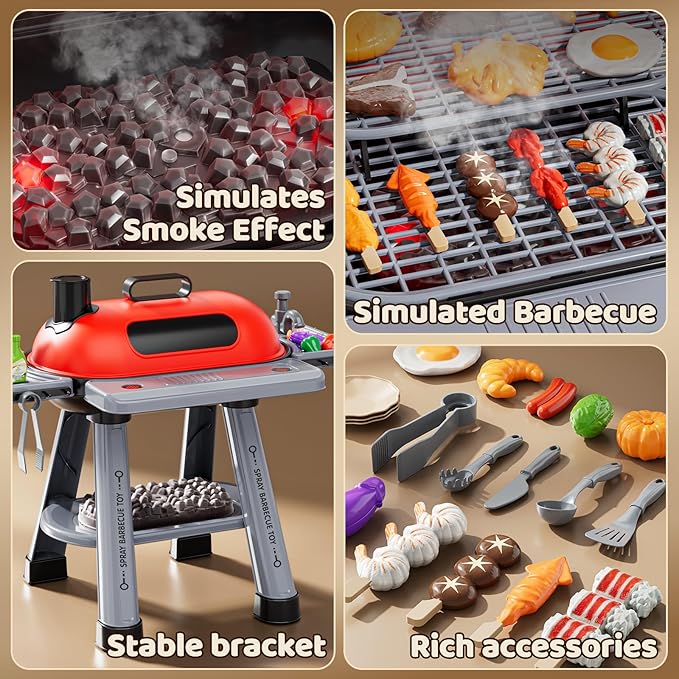 Kids Kitchen Toy Set, Kids BBQ Grill Kitchen Playset with Smoke, Sound & Light, 2-Layer Barbecue Indoor Outdoor Play Grill Toy Gift for Toddler Girl Boy Toy 3 4 5 6 7 8 Year Old