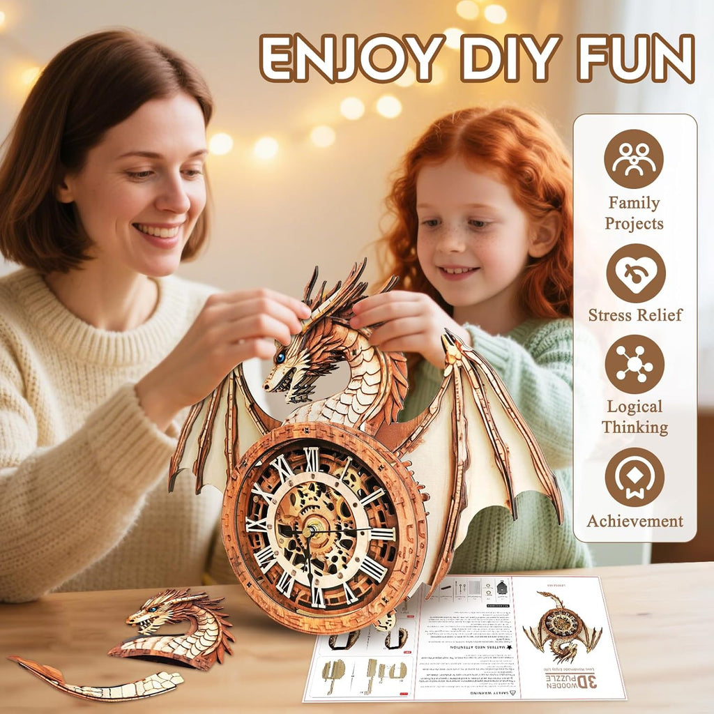 3D Puzzle for Adults Clock-Dragon Design Model Kit-Mechanical DIY Pendulum Clock with Roman Numerals-Desk Office Home Decor Personalized Gift for DIY Lovers