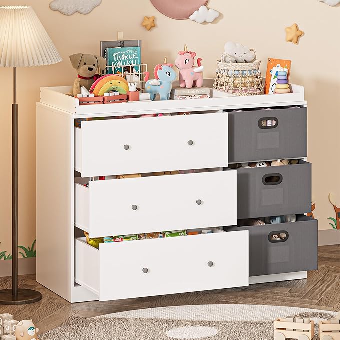 White Nursery Dresser with Changing Top, Baby Diaper Changing Station with 3 Fabric Drawer, Safety Rail & Nursery Organizer, Modern Dressers for Bedroom (47.2" W x 18.9" D x 36.1" H)