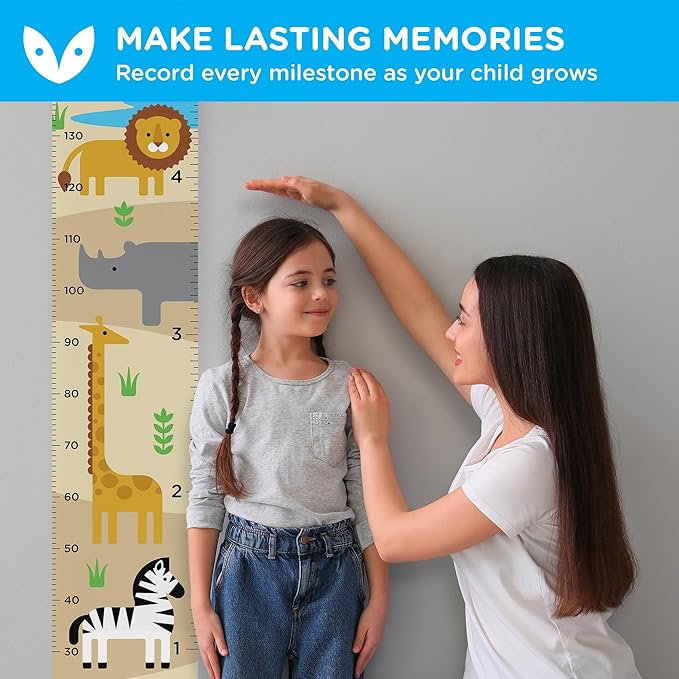 WISE OWL Personalized Growth Chart for Kids - Height Wall Chart for Boys with Peel & Stick Letters for Name - Hanging Canvas Wall Measurement Height Tracker for Baby Gift (Safari)