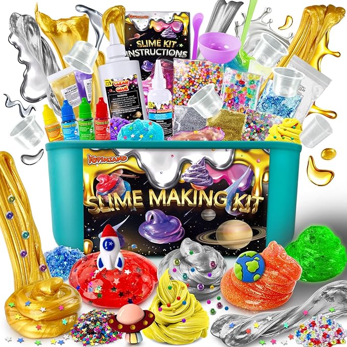 Metallic Slime Kit for Girls, Glimmer Crunchy, Galaxy Slime Making Kit for Girls Boys 6-12, Glow in The Dark DIY Slime Kit with Add-ins, Foam Balls, Charms, Glitters, Party Favors Gift Toys for Kids