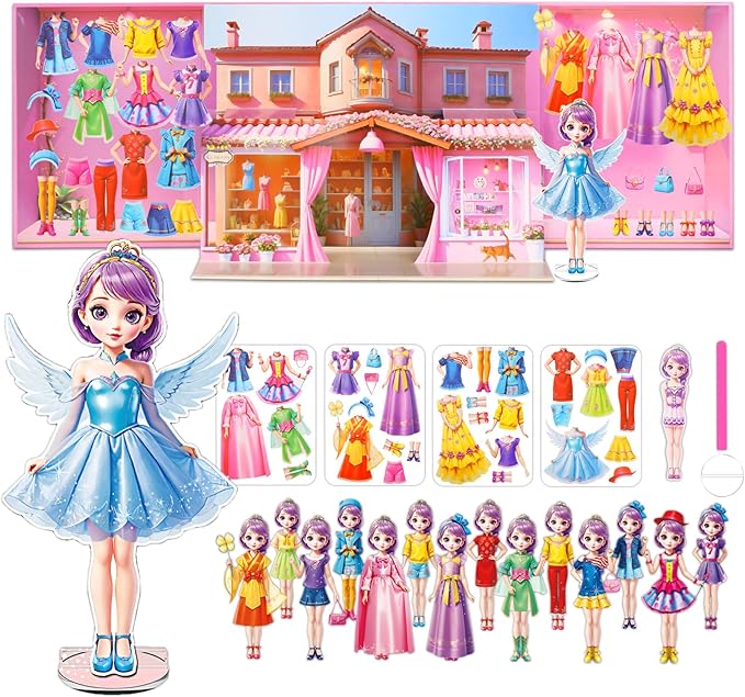 Yuzee Magnetic Dress Up Paper Dolls for Girls Ages 4-7 Princess Game Toys, Magnetic Doll Dress Up Kit Includes 1 Paper Doll and 33 Clothing Accessories with 3D City Building Mall, Girls Dress Up Game
