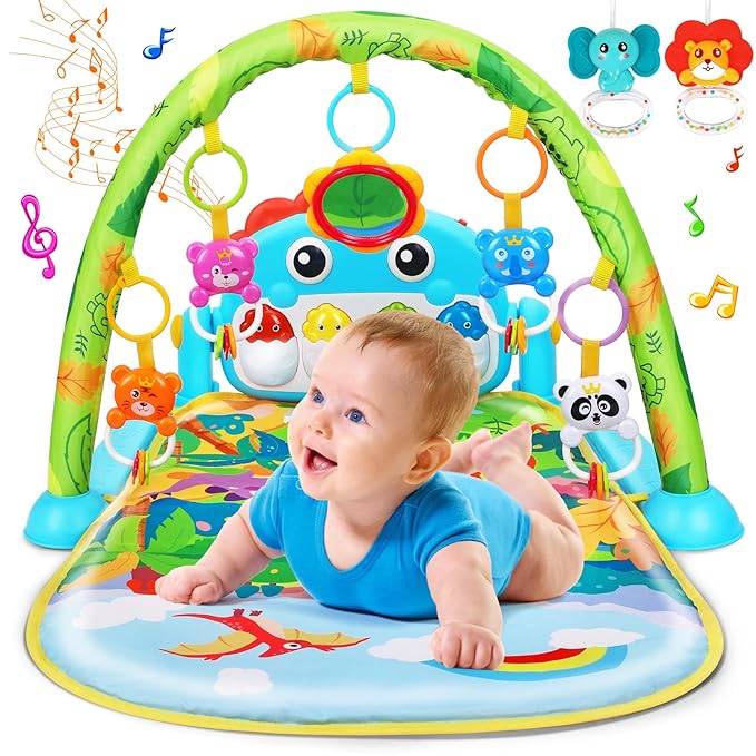 UMIKU Baby Gym Play Mats Baby Toys Tummy Time Mat Musical Activity Center for Newborn Infant Piano Babies Play Mat Music & Light Newborn Infant Gifts for Babies 0-3 6 9 12 Months Dinosaur Style