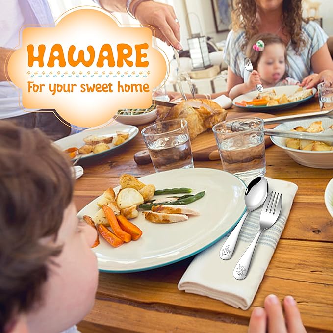 HaWare 12 Pieces Toddler Utensil Sets, Stainless Steel Kids Silverware Set Includes Toddler Forks and Spoons, Kids Safe Cutlery Set for Self Feeding, Cute Animal Handle Pattern, Dishwasher Safe