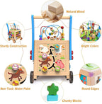 9-in-1 Wooden Activity Cube | Wooden Baby Walker, Sit-to-Stand Learning Walker Activity Center, Early Educational Push & Pull Toys for Baby Toddler Boys Girls, Height & Brake Adjustable