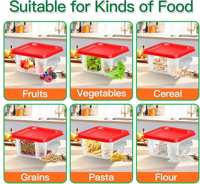 6 pcs 2qt Food Storage Containers with Lid, Square Clear Commercial Food Storage Containers with Handle and Scale for Food Storage in Home Kitchen & Dining (Red)