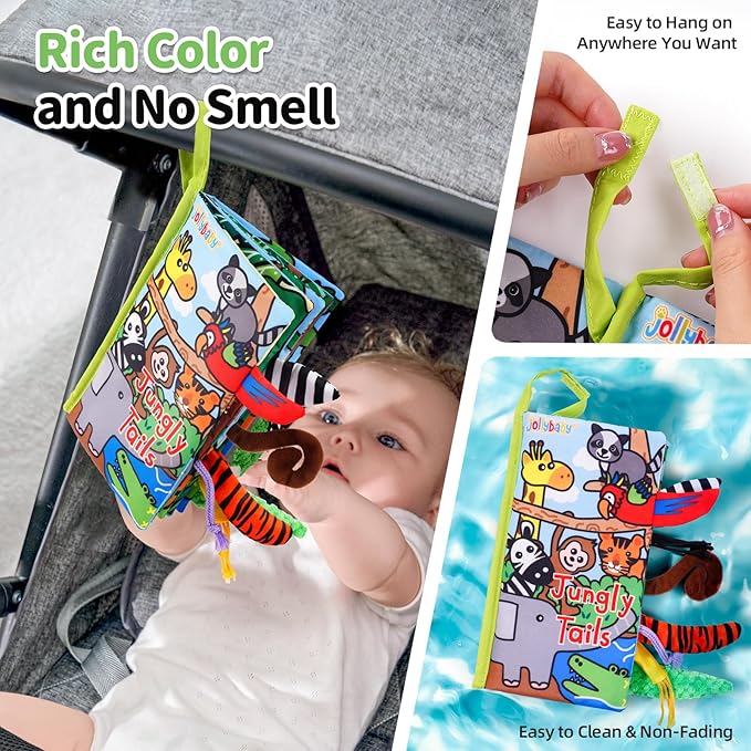 Jollybaby Crinkle Books for Babies, Sensory Soft Touch and Feel Baby Toys for 0-6 Months Infants, Newborn Montessori Early Educational Cloth Toys, Baby Girl & Boy Gift(Jungle Tails)