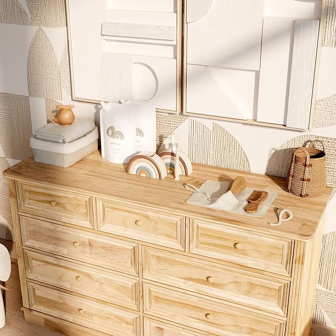 Homsee Baby Changing Table Dresser, 100% Solid Wood Infant Diaper Changing Station Combo, 9-Drawer Baby Nursery Dresser with Removable Tray for Children's Room Bedroom, Nature Color