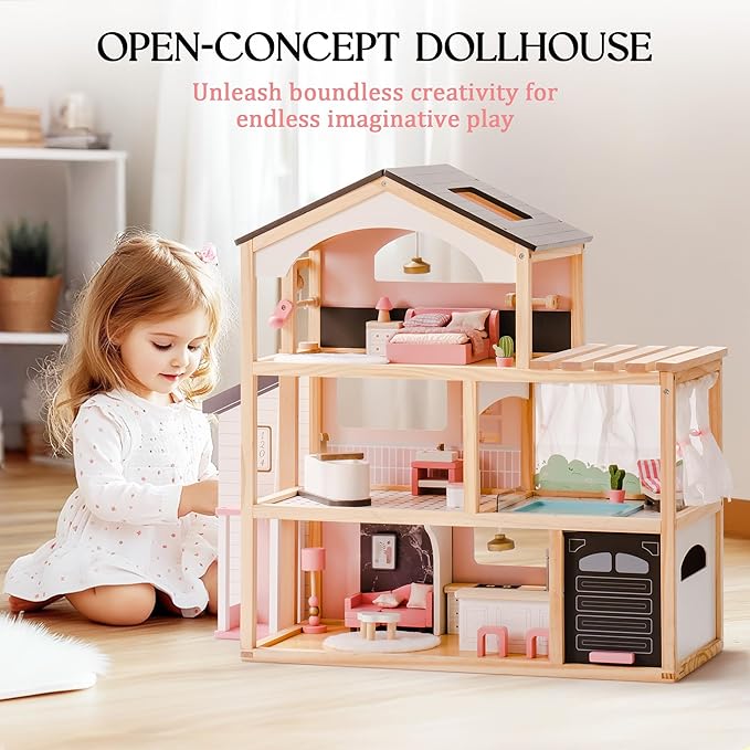 ROBOTIME Wooden Dollhouse, Doll House with 29 Pieces Furniture Set - Pool and Elevator, Wooden Doll House for 4, 5, 6-Inch Dolls, 6 Rooms Pink Dollhouse Gift for Kids Girls Ages 3+ (Black)