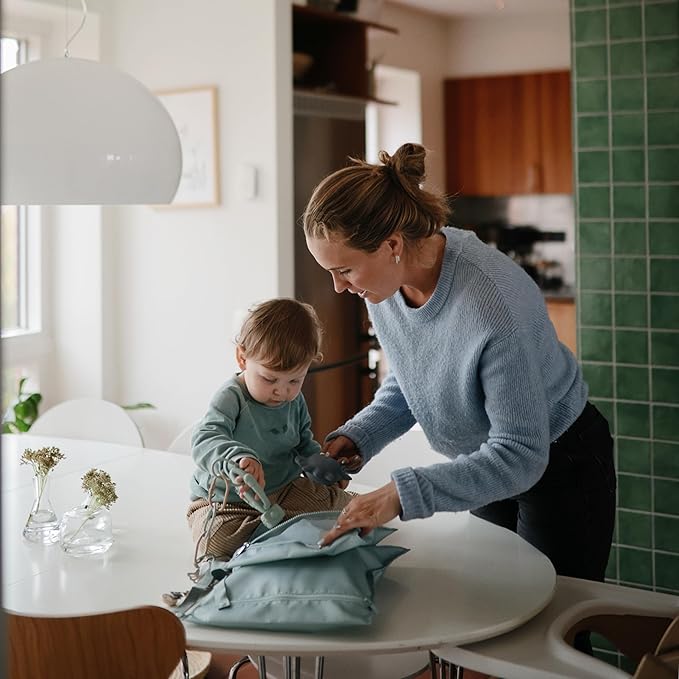 mushie Water Resistant Wet Bags | Large & Small Reusable Storage Bag for Baby Items and Travel | Zippered Pockets with Handle | Machine Washable, Set of 2 (Olive Check)