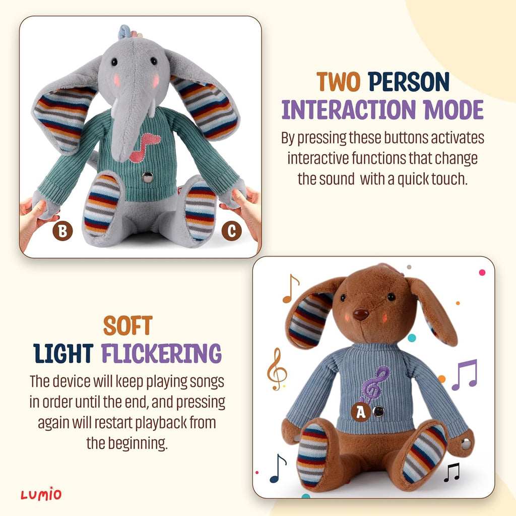 Lumio Musical Stuffed Animal Plush Toy with Lights & Sounds - Cute Interactive Toy for Newborns, and 3 6 12 to 48 Months (Elephant)