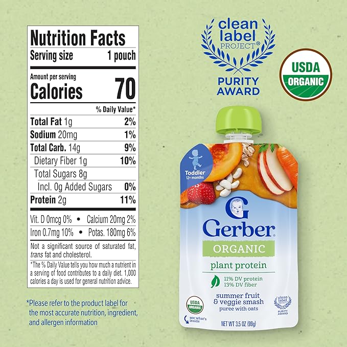 Gerber Toddler Food, Organic Summer Fruit and Veggie Smash Puree Pouch, Toddler Pouches, No Added Sweetener, No Artificial Flavors, 12-Pack