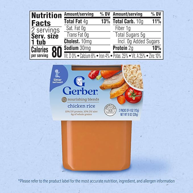 Gerber Baby Food 2nd Foods, Dinner, Chicken & Rice Puree, 4 Ounce Tubs, 2 Count (Pack of 8)