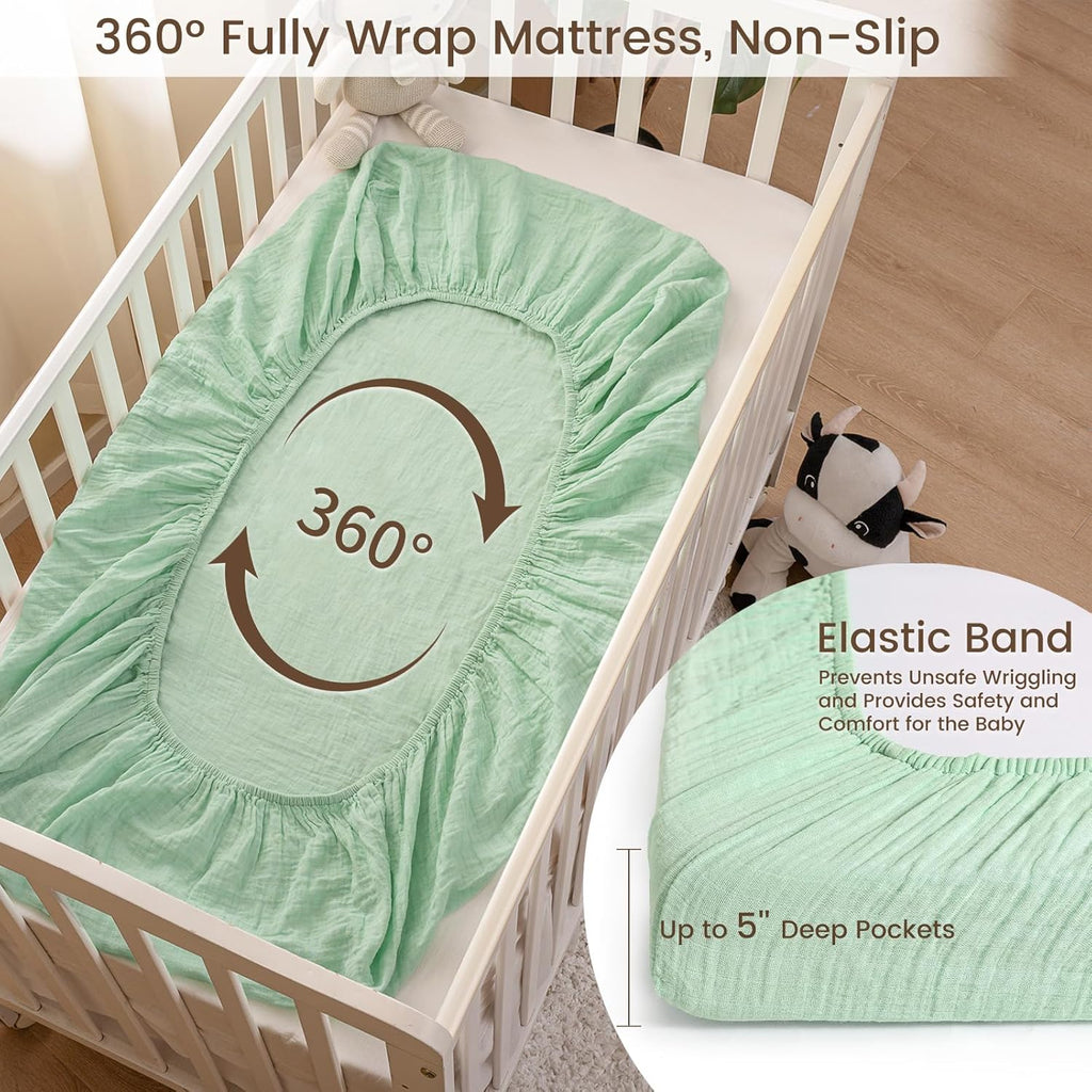 david's kids Muslin Mini Crib Sheets, 2 Pack Cotton Pack N Play Sheets for Boys Girls Neutral, Soft Breathable Baby Sheets Fit Pack N Play, Playard and Mini Crib Mattresses, Beige & Green