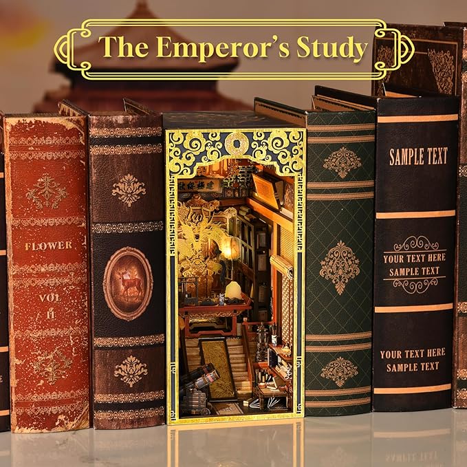 Book Nook Kit, DIY Dollhouse Booknook, Book Nook Miniature Kit for Bookshelf Insert Decor Crafts for Adults Teen Halloween, 3D Wooden Puzzle with Led Light (The Emperor's Study)