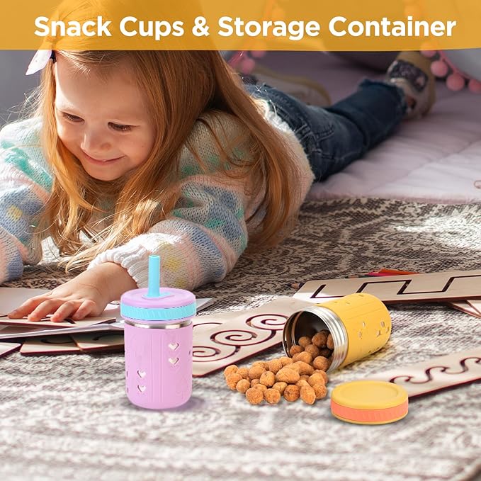 Tronco [4 Pack] 10 oz 2-in-1 Stainless Steel Kids Tumbler Cups with Silicone Sleeves, Spill-Resistant Flexible Straws & Storage Lids, BPA-Free Smoothie and Snack Cups, Dishwasher Safe