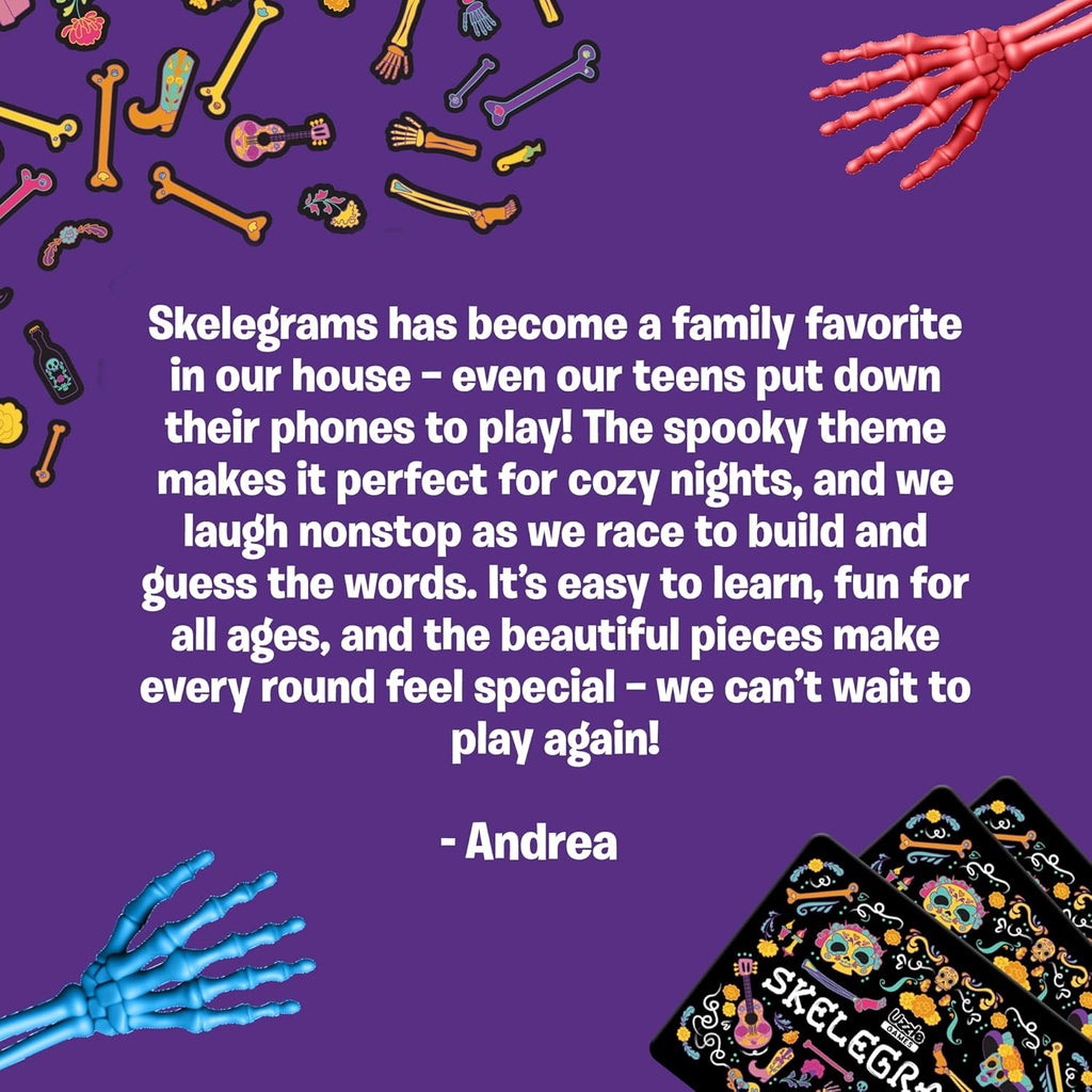 Skelegrams by Uzzle Games – Spell Words with Bone Pieces in This Fast, Cooperative Party Game for Families - Ages 8+, Spelling & Word Game for 3–6 Players