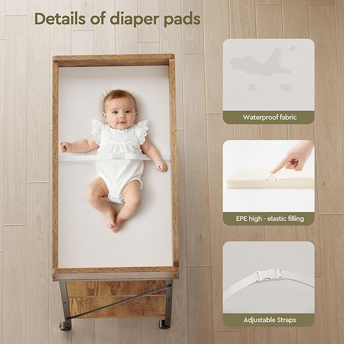 Baby Changing Table, Diaper Changing Station with Pad and Wheels, Two-Tier Open Storage Shelves, Waterproof Diaper pad & Safety Strap,Compact Baby Furniture for Nursery, Rustic Brown