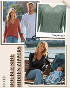 3 Pack Women's Maternity Nursing Tops, V Neck Breastfeeding Sweaters Long Sleeve Hidden Zipper Shirts