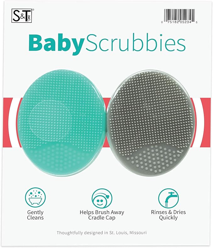 S&T INC. Exfoliating and Massaging Cradle Cap Bath Brushes for Baby, Silicone - 2 Inch x 2.5 Inch, Grey and Teal, 2 Pack