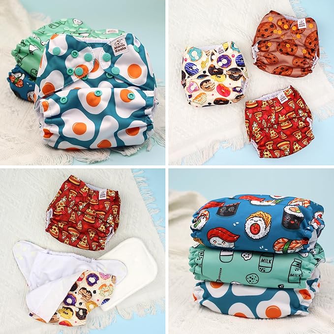 Mama Koala 3.0 Cloth Diapers for Babies, 6 Pack One Size Washable and Reusable Pocket Diapers for Newborns and Toddlers (Food Meeting)