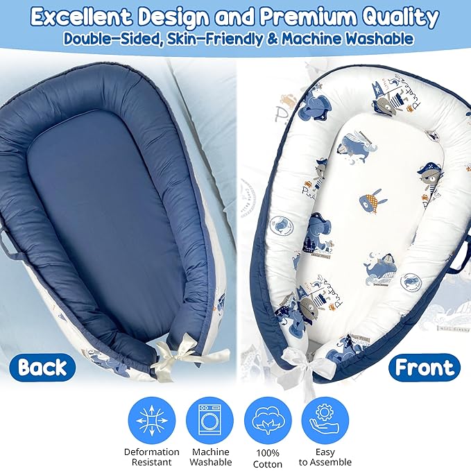 Baby Lounger - Baby Lounger for Newborn 0-24 Months, Breathable, Soft Cotton Baby Nest, Portable Infant Lounger for Home & Travel, Newborn Essentials Gift (Blue Elephant)