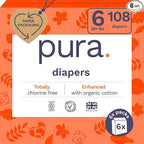 Pura Size 6 Eco-Friendly Diapers (29+ lbs) Totally Chlorine Free (TCF),Hypoallergenic, Soft Organic Cotton, Sustainable, up to 12 Hours Leak Protection, Allergy UK, 18 Count (Pack of 6),Total-108