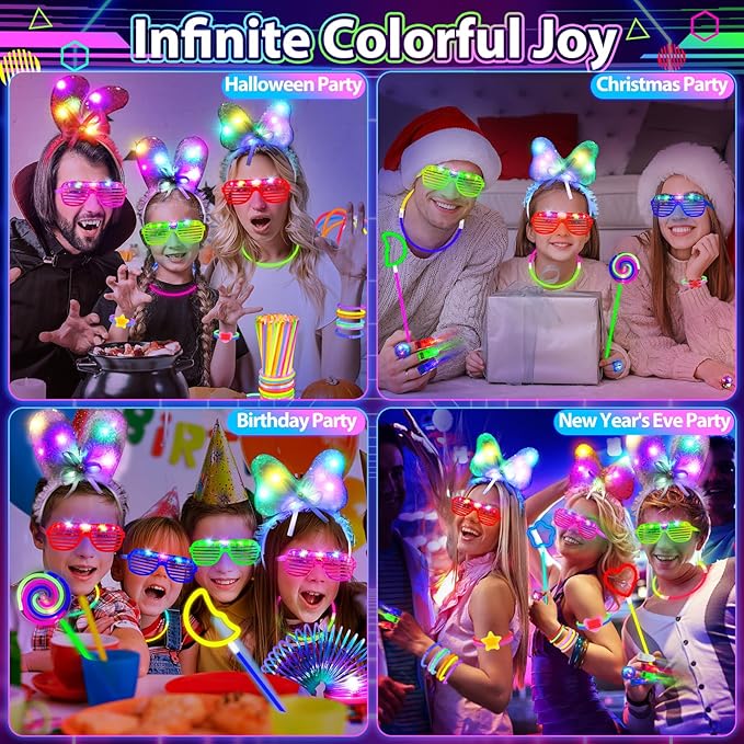 112PCS Glow in the Dark Party Supplies for Kids Adults, Light Up Party Favors with Light Up Glasses, 50 Glow Sticks Bulk Pack for DIY Bracelets Necklaces, Neon Party Supplie Decorations for Hallowee