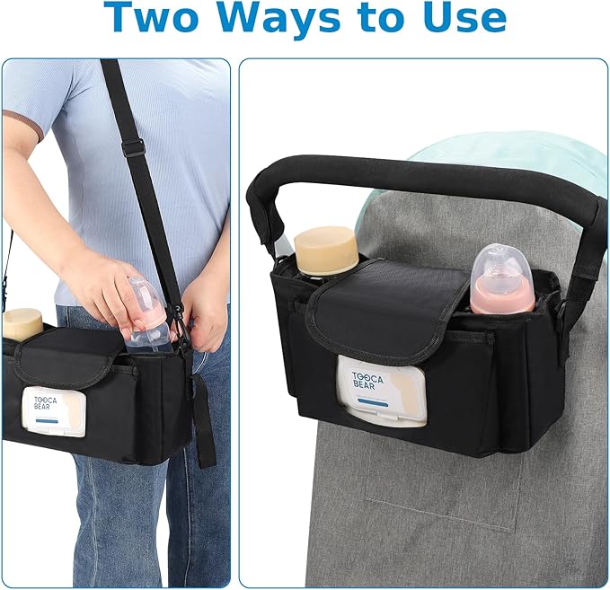 Accmor Universal Stroller Organizer with Insulated Cup Holder and Shoulder Strap, Stroller Caddy Bag Stroller Cup Holder Attachment for Uppababy, Baby Jogger, Britax Strollers, Black