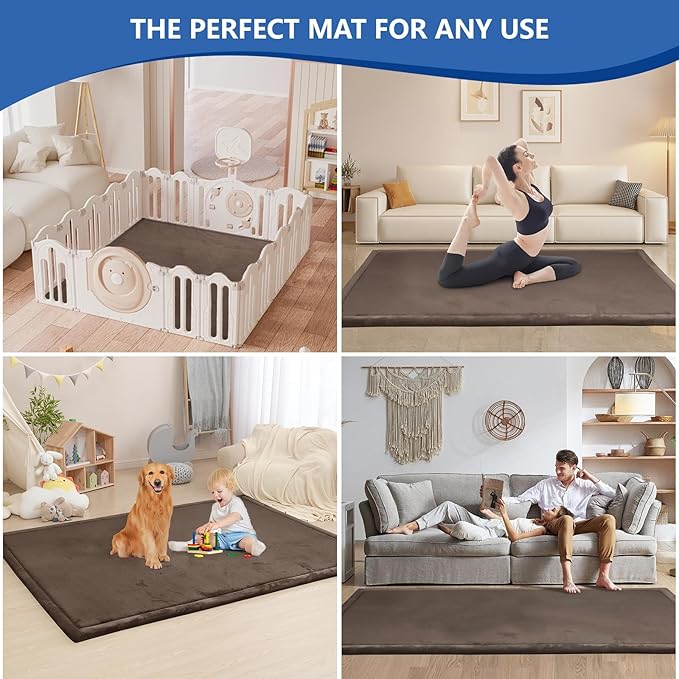 Baby Play Mat for Floor,1.3" Thick Elasti-Foam 74×50 Playpen Mat for Toddlers Infant kids,Water-Repellent Soft Coral Velvet for Tummy Time, Non-Slip Backing for Crawling,Tatami Style(Dark Brown)