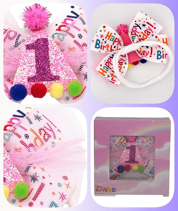 Birthday Hair Bow for Baby Girls 1 2 3 4 5 6 Years Sprinkle Decorations Party Hair Accessories Headband for First 1st Birthday Confetti Ice Cream
