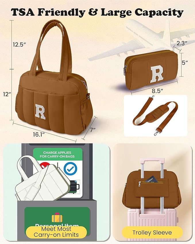 Duffle Bag with Letter, Carry On Bags for Women，Overnight Bag with Wet Pocket，College Girl Gift-Lightweight Travel Bags Personalized Gym Tote with Makeup Pouch