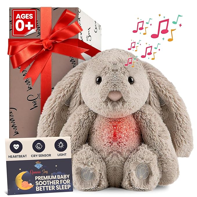Gemma Joy Bedtime Baby Soothers for Sleep, Cry Activated Heartbeat Stuffed Animal for Baby, Newborn, Calming Light, Lullaby Music, White Noise, Shush and Mother’s Heartbeat - (Bunny, Rechargeable)