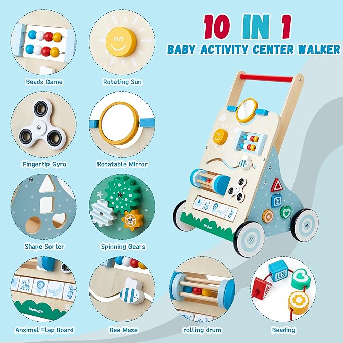 Wooden Baby Walker, 10 in 1 Baby Activity Center Walker Adjustable Wood Toddler Walker Push Walker Toy for Boys and Girls (BW001)