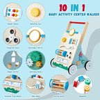 Wooden Baby Walker, 10 in 1 Baby Activity Center Walker Adjustable Wood Toddler Walker Push Walker Toy for Boys and Girls (BW001)