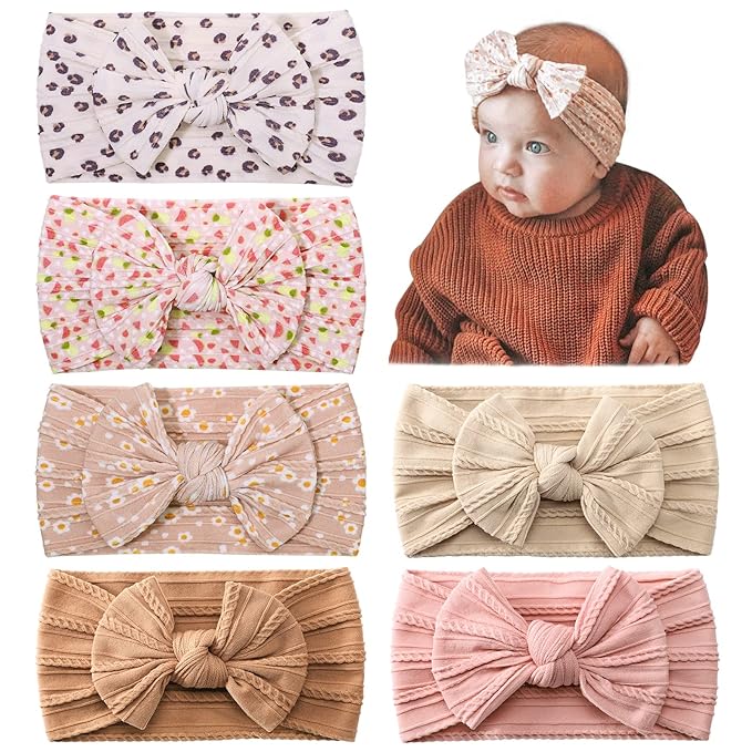 jollybows 6pcs Baby Nylon Headbands Hair Bow Elastics Hairbands Hair Accessories for Baby Girls Newborn Infant Toddlers Kids (Upgrade patterns colors)