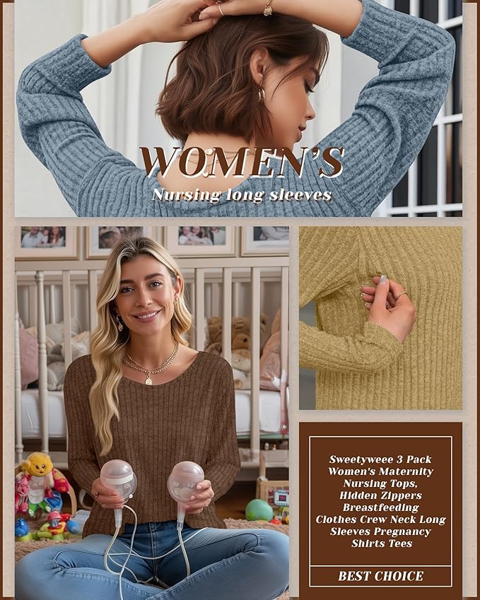 3 Pack Women's Nursing Long Sleeve Tops Breastfeeding Thermal Sweaters with Hidden Zipper Maternity Ribbed Shirts