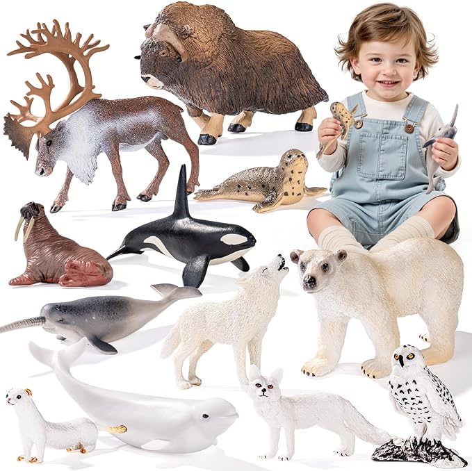 12PCS 4-7" Large Arctic Polar Animal Toys Figurines, Realistic Plastic Artic Animal Figures, Includes Polar Bear,Whales,Orca, Birthday Gift Party Favors Cake Toppers for Kids
