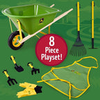 John Deere Deluxe 34" Wheelbarrow and Garden Set Includes 5 Realistic Gardening Tools,Gardening Apron, Gardening Gloves, Large Metal Wheelbarrow with Wooden Handles, Outdoor Toy Ages 5+
