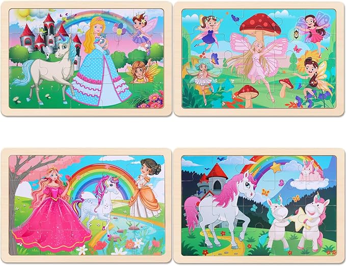 NASHRIO Wooden Educational Jigsaw Puzzles for Preschool Kids Ages 3-5, 4-Pack with 20 Pieces Unicorn Princess Wood Puzzles Set, Toddler Brain Teaser Toys, Preschool Gifts for Boys Girls Ages 3 4 5 6
