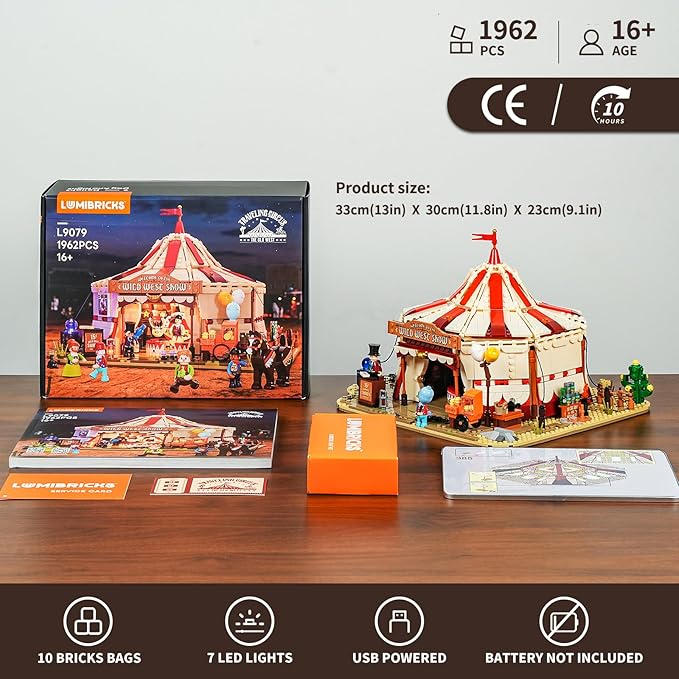 Travelling Circus Lighting Building-Bricks Set - The Wild West Show 1962 Pcs Collection Display Set for Adults and West Lovers