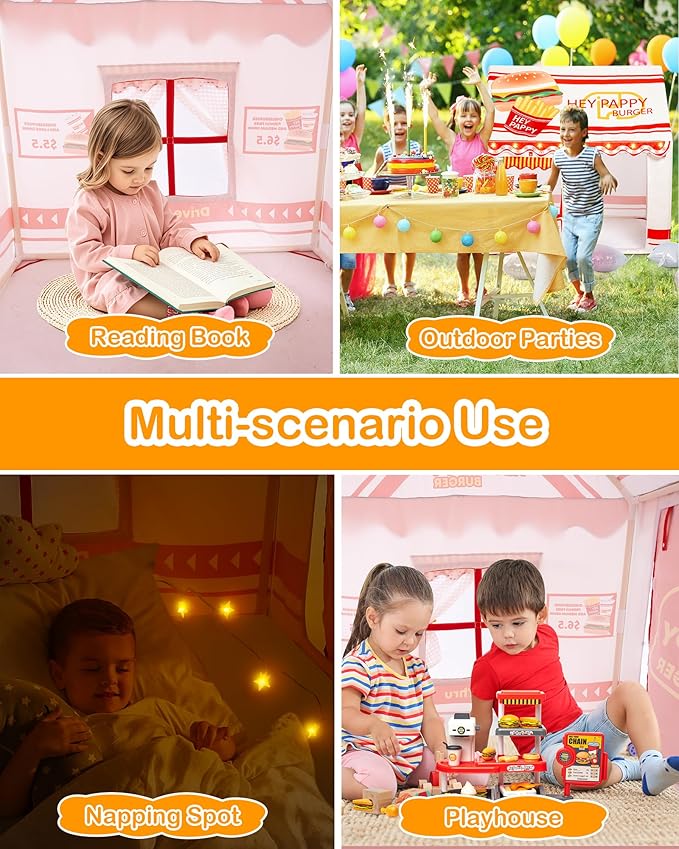 Kids Play Tent, Toddler Tent for Kid Indoor & Outdoor, 48.5"x39.4"x48.5" Playhouse Tent Burger Theme with Complete Toys Set, 3 Window, Lights and Balloons