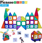 PicassoTiles 121 pc Master Builder Magnetic Building Block Construction Set Magnet Tiles Blocks with Car Truck, 2 Character Action Figures, 28 Educational Alphabet Animal and Number Graphics, Windmill
